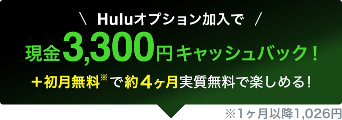 Huluオプション加入で現金3300円キャッシュバック!初月無料で約4ヶ月実質無料で楽しめる!※1ヶ月以降1,026円