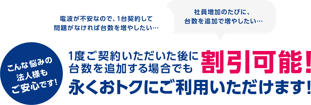 ・電波が不安なので、1台契約して問題がなければ台数を増やしたい… ・社員増加のたびに、台数を追加で増やしたい…