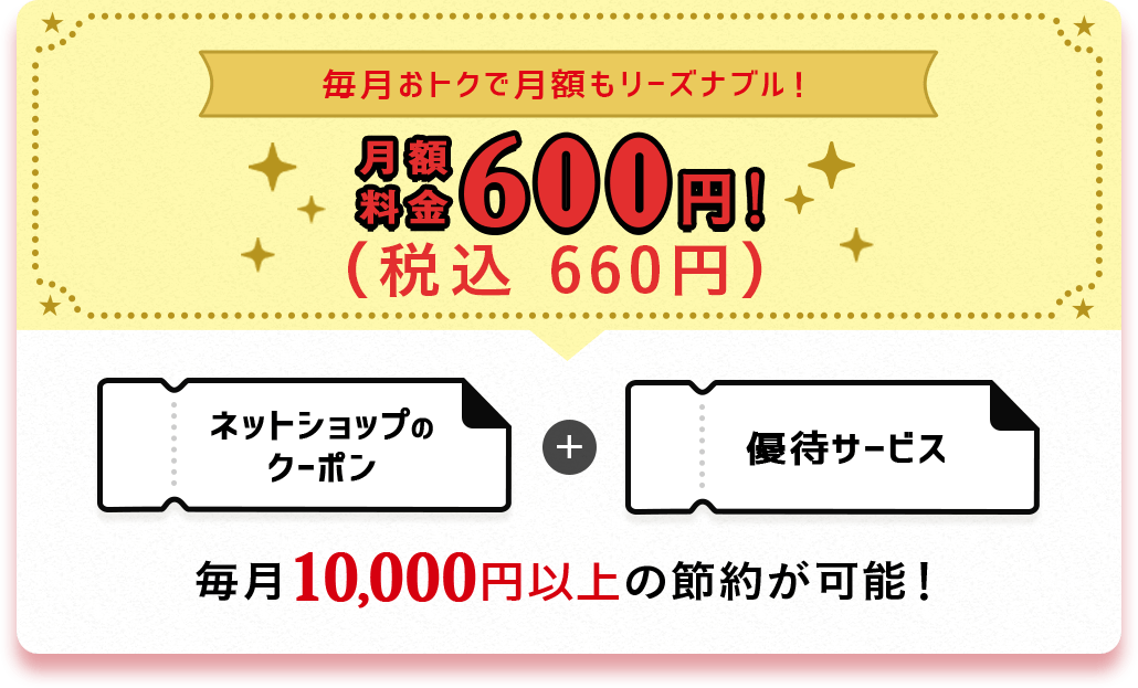 毎月おトクで月額もリーズナブル！月額料金660円(税込)！ネットショップのクーポン＋優待サービスで毎月10,000円以上の節約が可能！