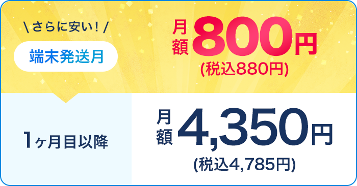 端末発送月 月額800円(税込880円) 1ヶ月目以降 月額4,350円(税込4,785円)