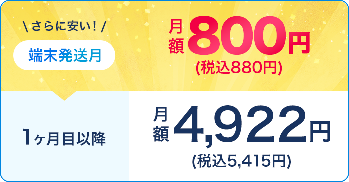 端末発送月 月額800円(税込880円) 1ヶ月目以降 月額4,922円(税込5,415円)