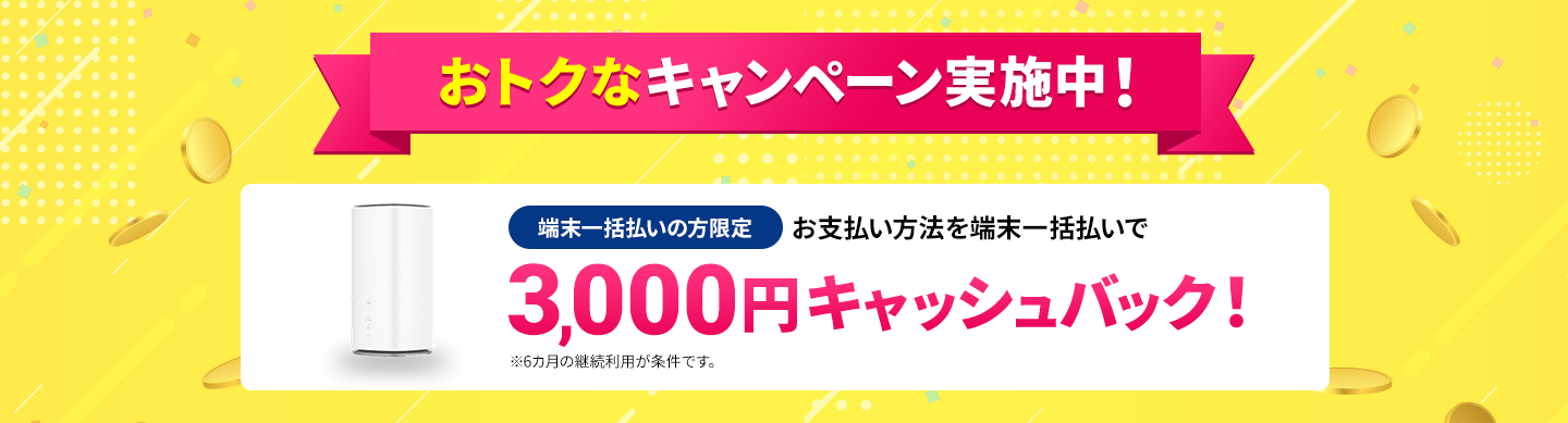おトクなキャンペーン実施中！3,000円キャッシュバック！