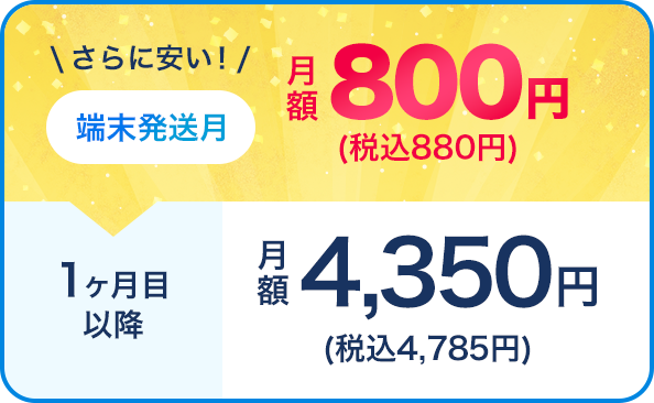 端末発送月 月額800円(税込880円) 1ヶ月目以降 月額4,350円(税込4,785円)